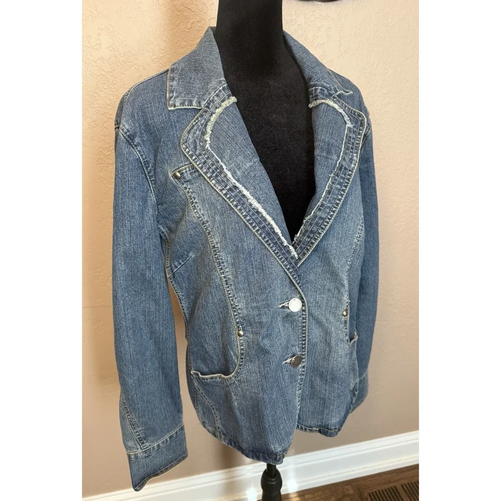Baccini Women's Denim Jean Jacket 2 Button Blazer W/ Studs & Frayed Trim XL 90s